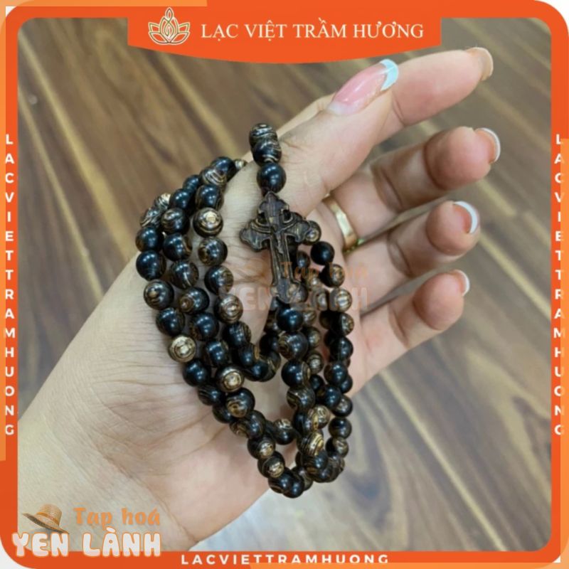 Vòng Tay Trầm Hương 108 Hạt Mix Thánh Giá Thiên Chúa Trầm Sánh Chìm Tự Nhiên Cao Cấp