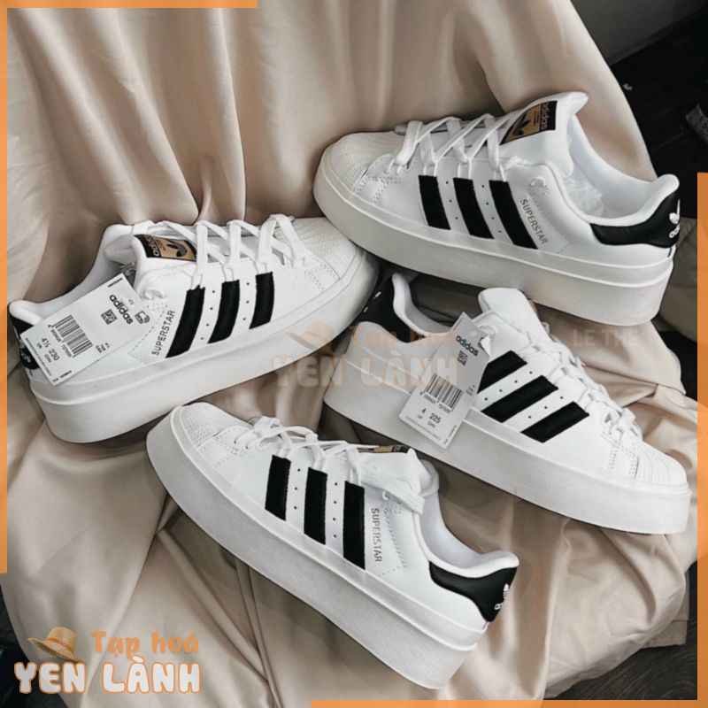 giày adidas superstar Bonega Cloud White trắng đen mũi vân sò, giày mũi sò độn đế cao mới full box