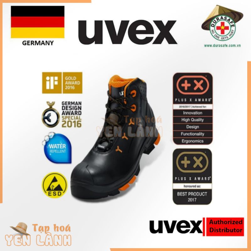 Giày bảo hộ lao động Uvex 6503, cao cổ, Uvex 2 Lightweight Safety Shoe Black/Orange Size 36-48