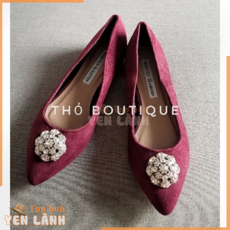 Giày bệt búp bê MANOLO BLAHNIK xuất xịn da lộn đỏ đô tag đá tròn lấp lánh size 37