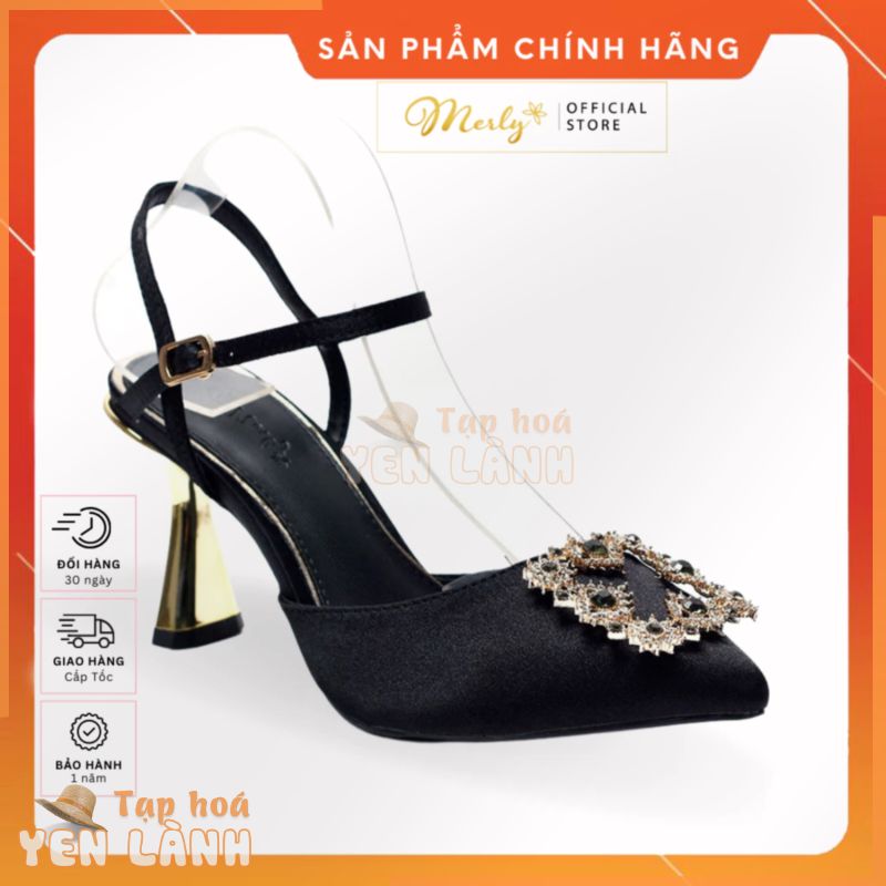 Giày Cao Gót Slingback Tiệc Cưới Đính Đá Gót Nhọn Mạ Vàng 8cm Merly 1363 Giày Nữ Big Size, Giày Công Sở Nữ Êm Chân