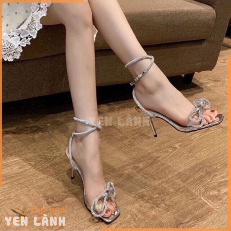 Giày sandal cao gót nữ 9phân đế nhọn quai nơ đá 2024 bling mùa hè THUÝ GIÀY VINA STORE mã L97