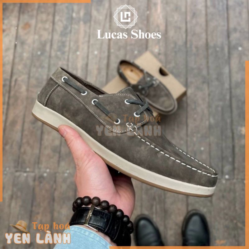 Giày da nam Boat Shoes Xám da bò sáp cao cấp Hanmade, Lucas Shoes, Bảo hành 1 năm