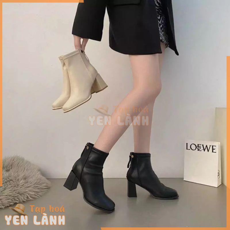 Giày bốt nữ cổ cao đế trụ 7p lót lông khóa sau boot nữ cổ thấp da trơn đứng phom, Lisa M19