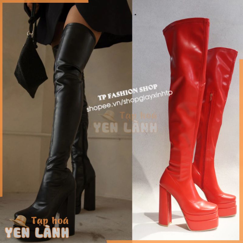 [ Size 35- 40, có video ] Giày boot nữ đùi chất da PU lì 2 màu ĐEN, ĐỎ cao 15cm đế đúp ống SIÊU DÀI GCC118