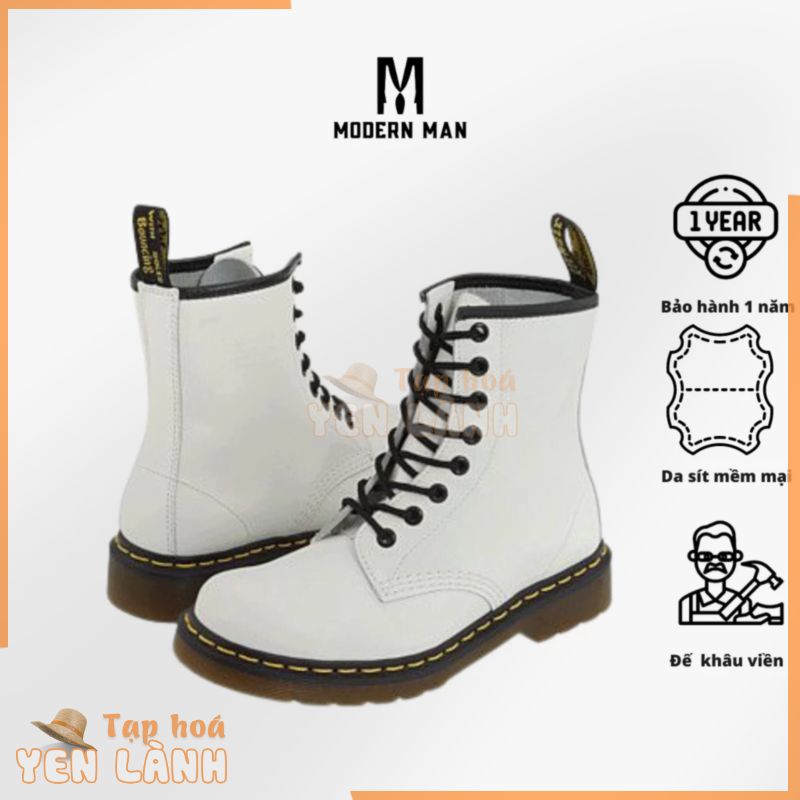 Giày Boots Cao Cổ Màu Trắng Dr. Martens 1460 Nam Nữ, Da Sít Đế Khâu