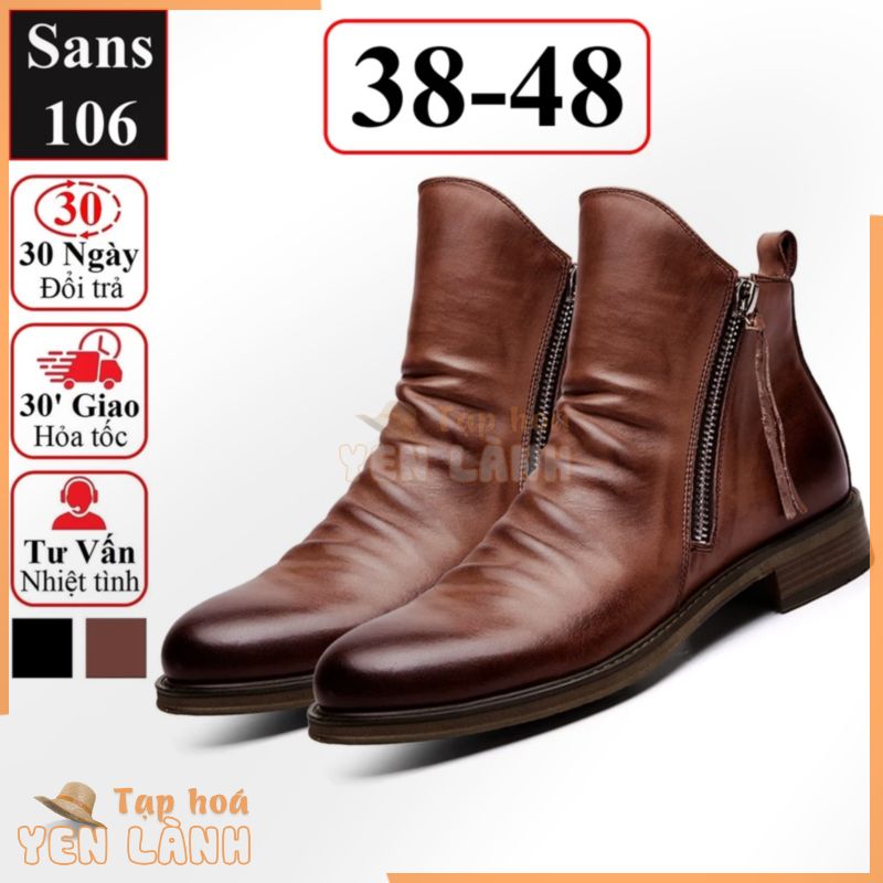 Giày nam cao cổ da nhăn khóa kéo Sans106 boost bigsize lớn 48 47 46 45 44 43 giầy boot tăng chiều cao bốt độn đế 6cm