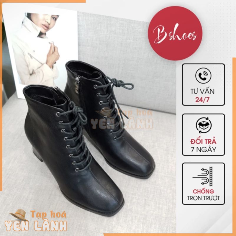 Giày boot nữ da mềm B SHOES, boot buộc dây siêu cá tính, boot mũi vuông cổ thấp, gót cao 7p B14