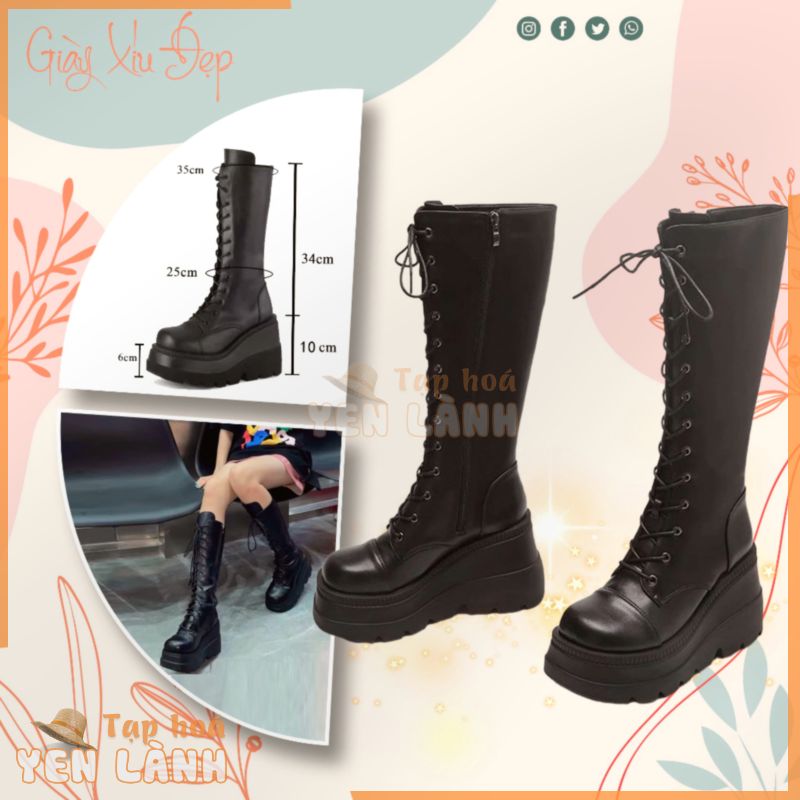 Giày boots đen đế cao buộc dây thời trang, Bốt đùi chiến binh nữ đế cao 7p cá tính da mềm ôm chân