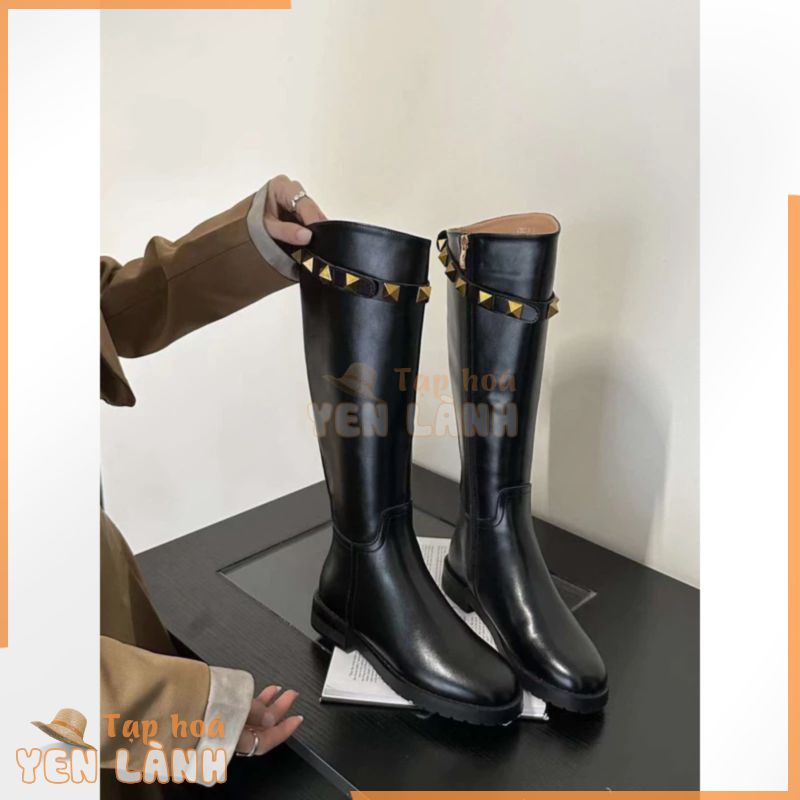 giày bốt nữ cổ cao tán Đinh boots gối đế bệt da mềm cao cấp Fullbox