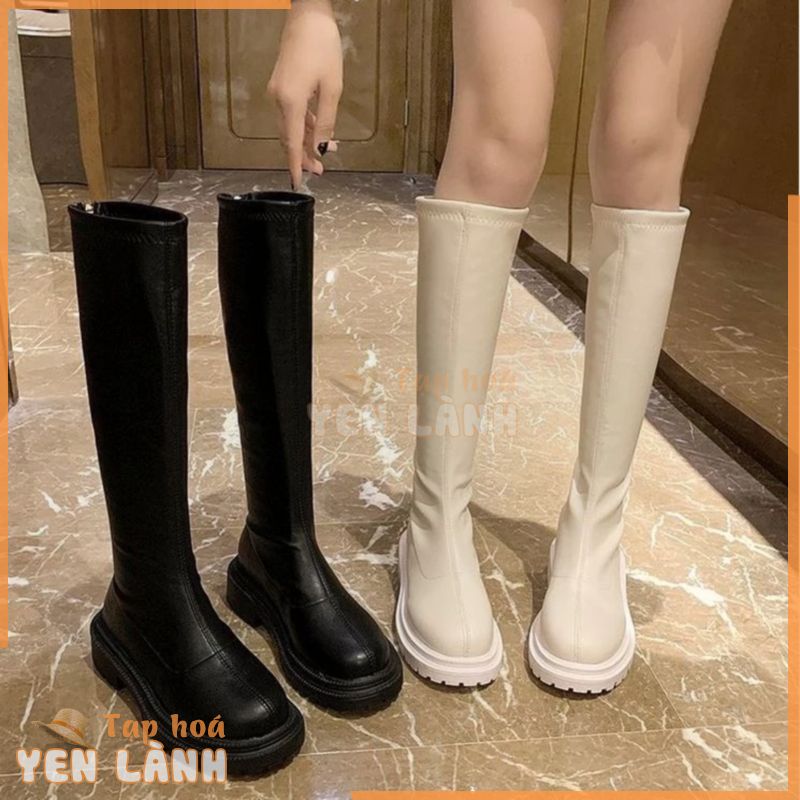 Bốt đùi cao cổ WOMENSTORY lót nỉ giày Boots nữ da PU mềm đế răng cưa 5 cm boot khóa sau thời trang mùa đông MS 110