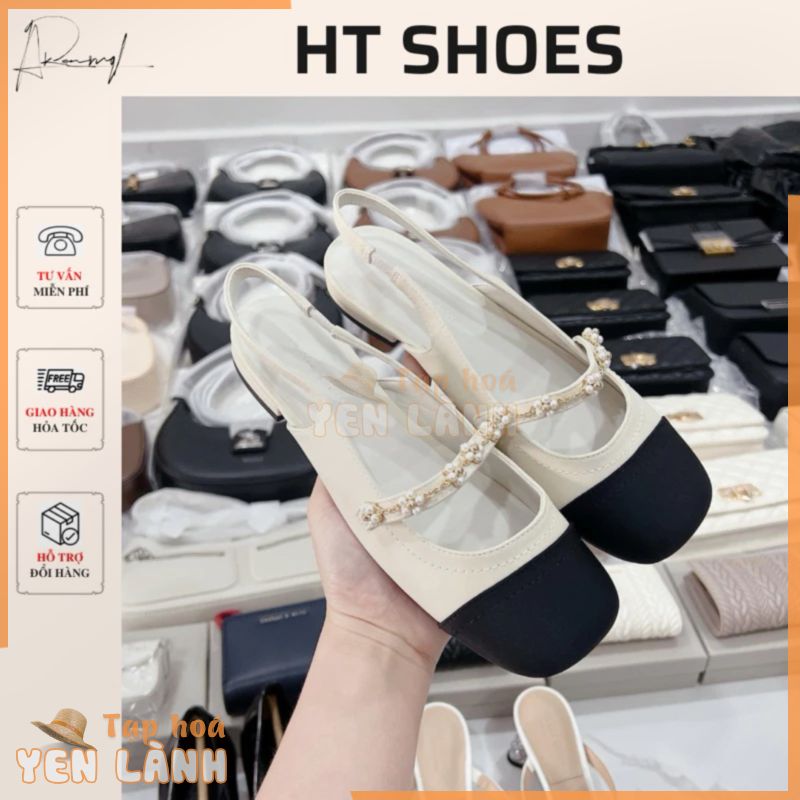 Giày sandal búp bê C.ka đế bằng 2cm hở gót mũi tròn phối dải dây hoa phong cách dịu dàng hàng Fullbox mới 2023 #1914-3