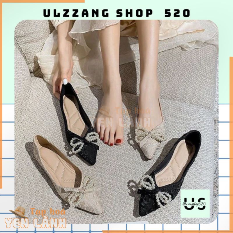 Giầy búp bê lụa đính nơ ngọc 2 màu đen kem mềm mại êm chân trẻ trung phong cách Hàn Quốc Ulzzangshop520