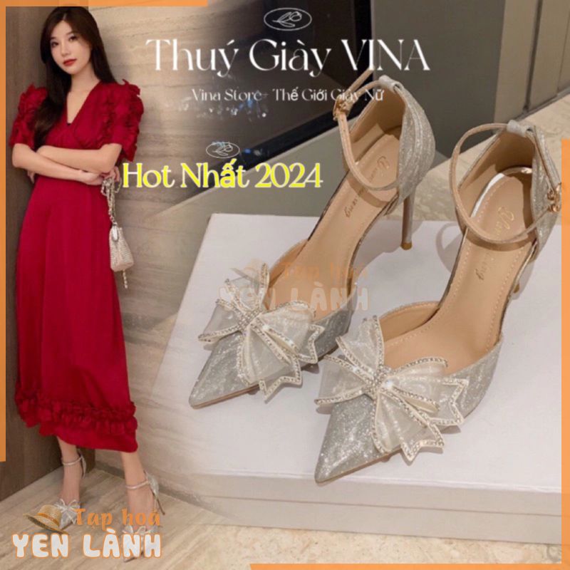 Giày cao gót nữ 9 phân,guốc nơ lụa kim tuyến cho cô dâu 9cm hot 2024 THÚY GIÀY VINA STORE mã V20