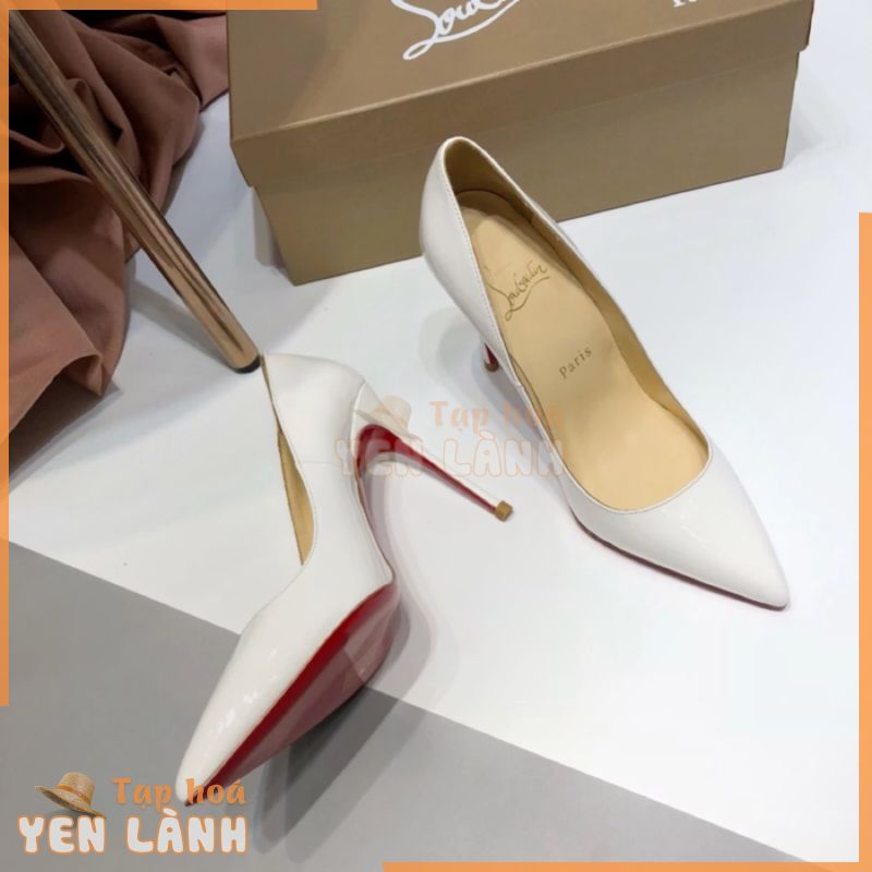 Giày Cao Gót Christian Louboutin 10cm Trắng Nhọn Sơn Mài Da Bò Stiletto Gợi Cảm Nghề Nghiệp Nữ