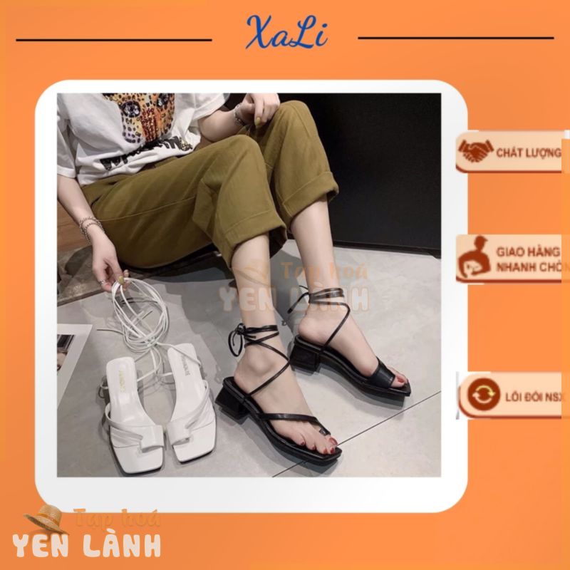 Giày Sandal Cột Dây Đi Biển, Xăng Đan Chiến Binh Nữ Gót Cao 3cm Dây Quấn Cổ Chân Màu Đen Trắng