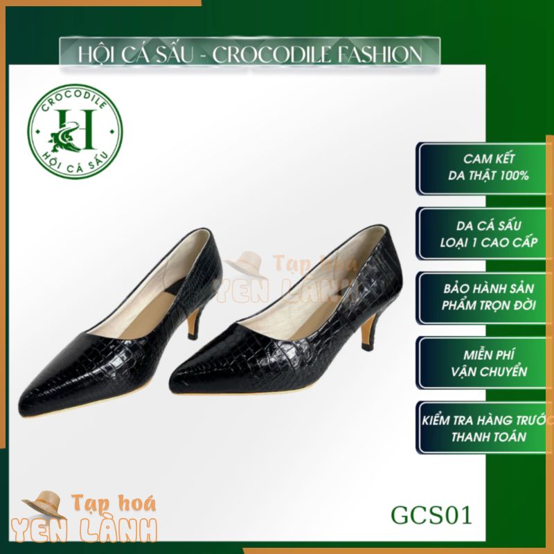 Giày cao gót nữ da cá sấu cao cấp màu đen GCS01 – HỘI CÁ SẤU CROCODILE – hộp sang trọng -Bảo hành 5 năm