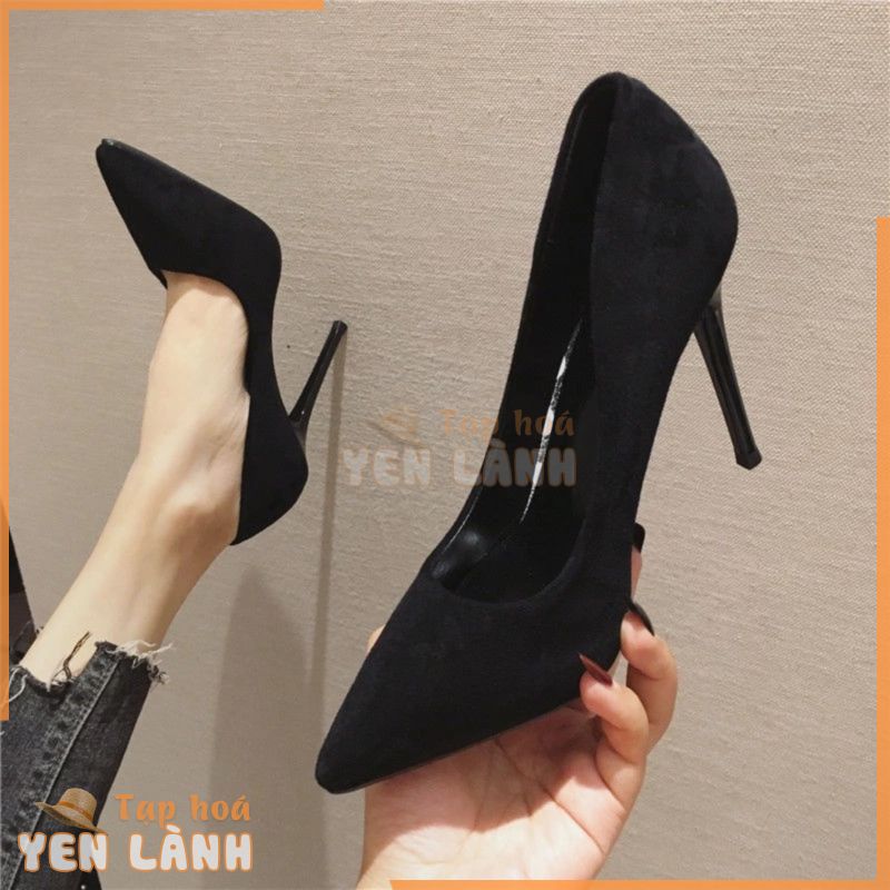 Hot sale   giày cao gót 9cm màu đen, giày cao gót da lộn, giày cao gót mũi nhọn thời trang