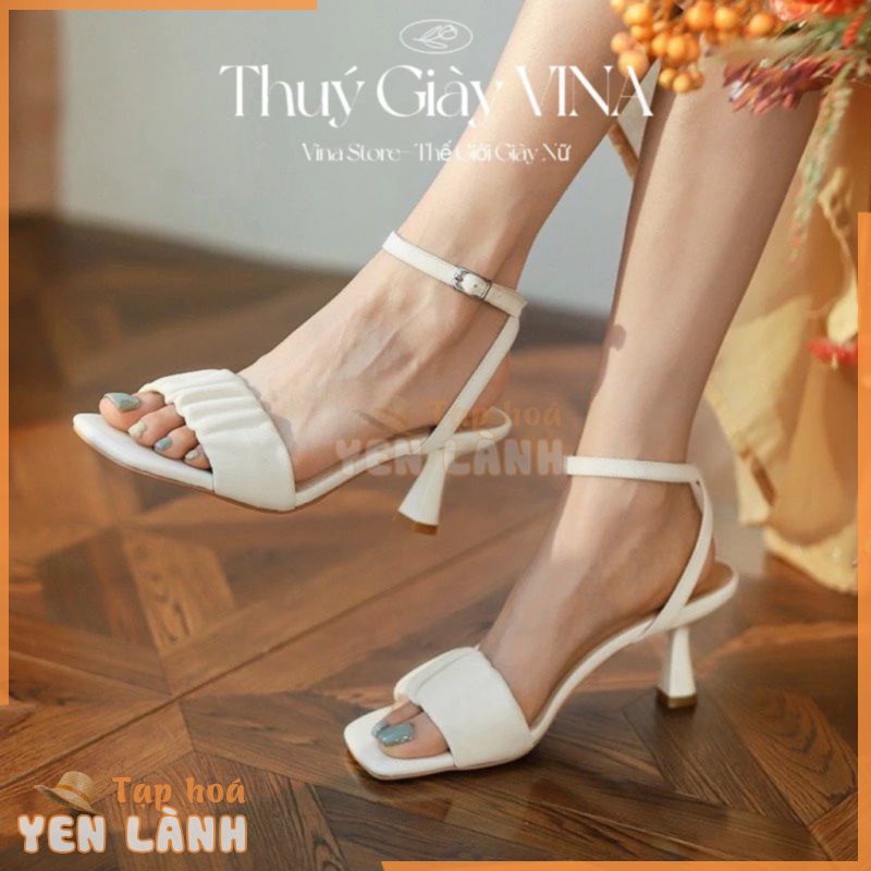 Giày sandal cao gót nữ 7phân quai da mềm đen trắng mặc áo dài hot 2024 THÚY GIÀY VINA STORE mã S02