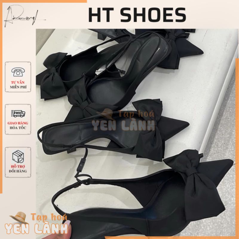 Giày sandal cao gót Z hở gót mũi nhọn đính nơ to đế cao 5cm chất lụa satin phong cách tiểu thư Pháp điệu đà #25070-6