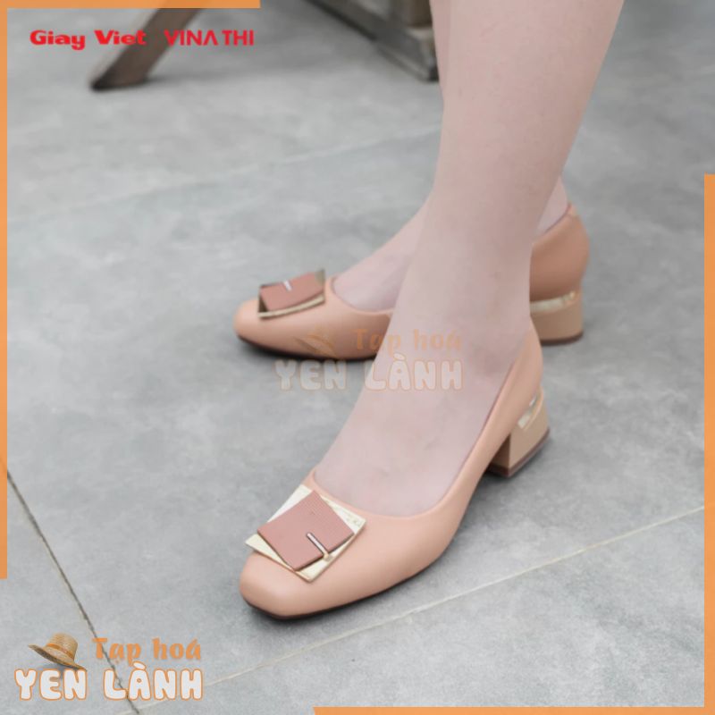 Giày cao gót nữ Giày Việt Da tổng hợp dễ vệ sinh, đế cao su vuông chống trượt cao 3cm dễ thương – C50.EG074