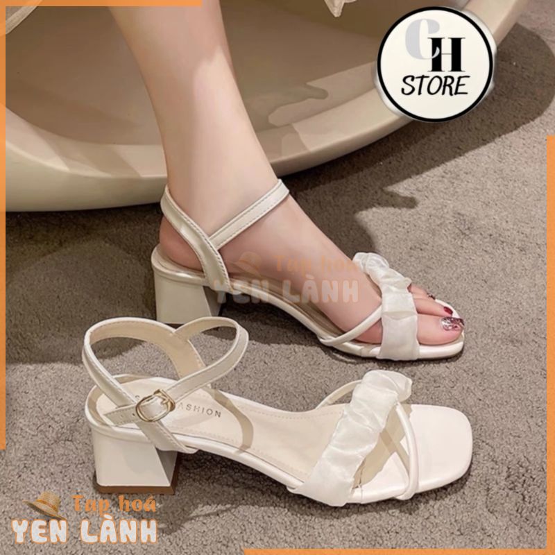 Giày cao gót nữ đế vuông, sandal nữ 5p quai vải voan mã H36