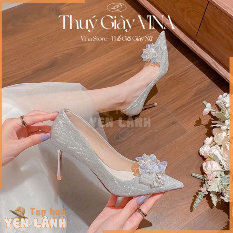 giày cao gót nữ 9phân bít mũi đế nhọn quai đính nơ đá phối nhũ kim sa- THÚY GIÀY VINA STORE mã P3