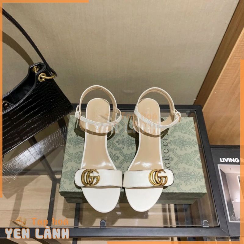 Gucci 2024 Da Thật Chính Hãng Giày Sandal Gót Dày Nữ Phong Cách Mới Thời Trang Cao Gót Đế Bằng Giày Sandal Giày Cao Gót