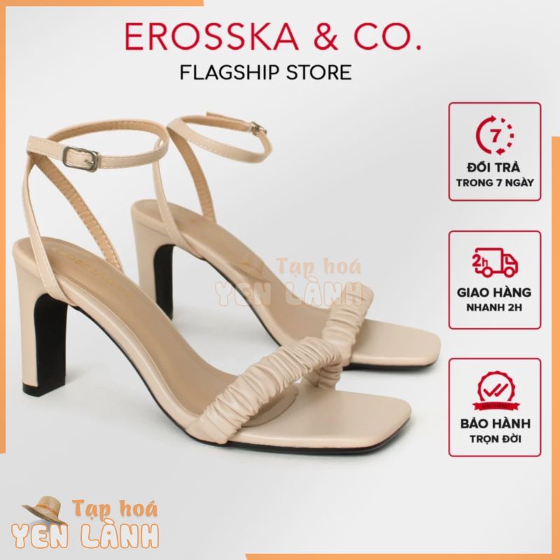 Erosska – Giày sandal cao gót nữ mũi vuông quai nhún thanh lịch cao 8cm màu nude – EB044