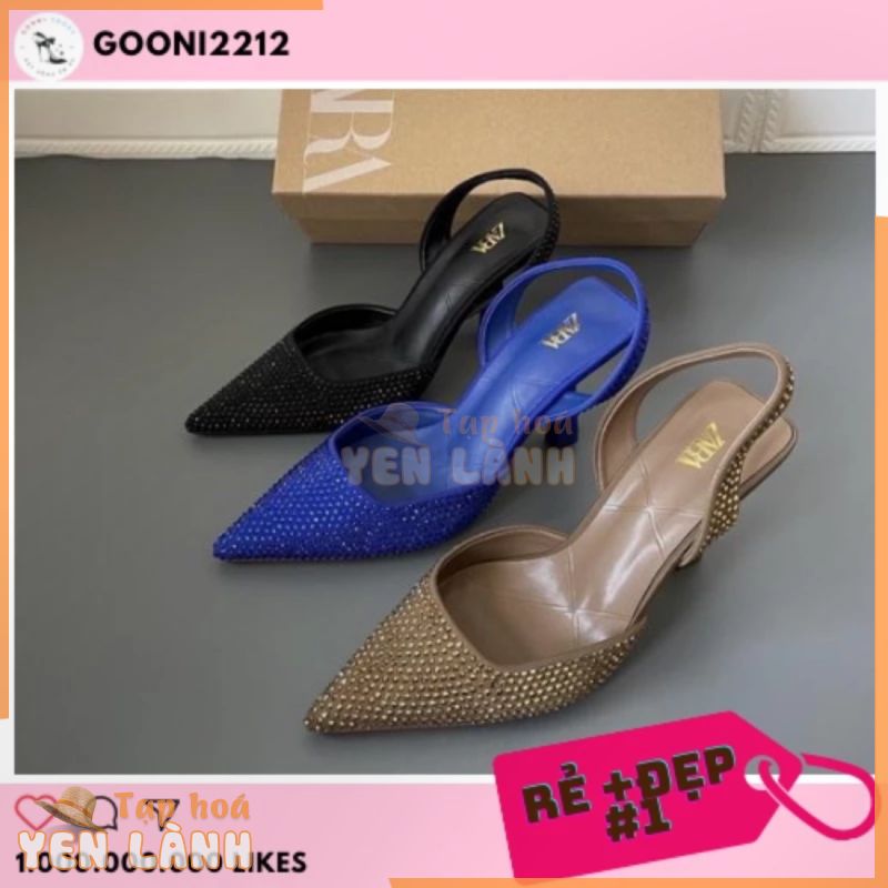 Giày cao gót mũi nhọn Zara xuất dư cao 7cm, giày slingback lấp lánh thời trang cho nữ full box đầy đủ tem mác