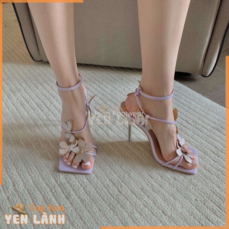 [Sẵn tím 36/37] Giày sandals cao gót màu tím dây mảnh đính hoa sexy cho nữ đi tiệc 2023