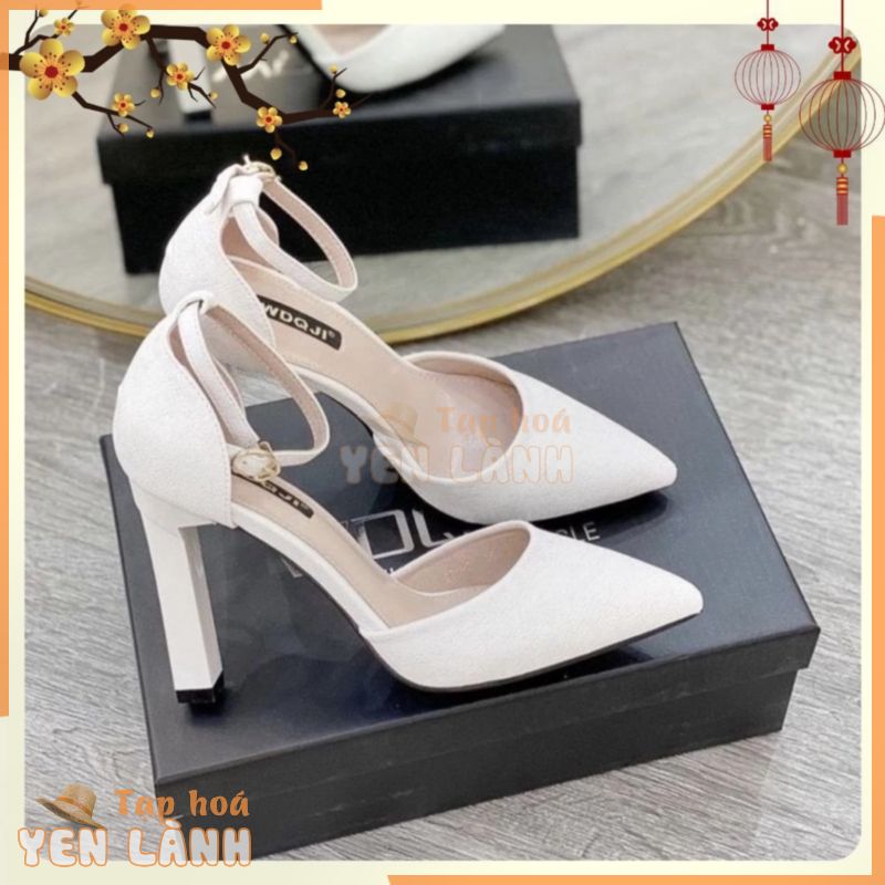 Giày Sandal Cao Gót Nữ SIZE 35-43 GNC72 Đế Vuông 7P hai màu đen, kem sang trọng quý phái