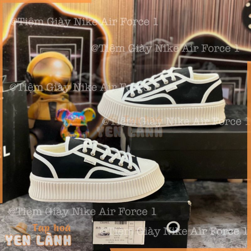 Giày Thể Thao Nữ Tăng Chiều Cao Chanel Vintage Black White Giày CN Độn Đế Đen Sọc Trắng Đế Bánh Mỳ Cao Cấp