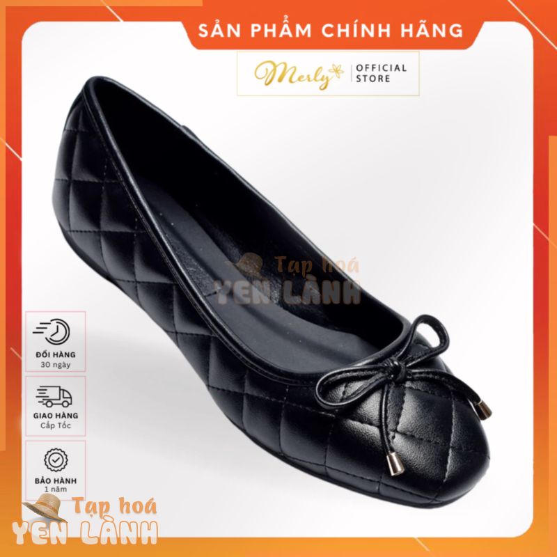 Giày Búp Bê Mũi Vuông Da Chần Chỉ Caro Đính Nơ Merly 1514, Giày Công Sở Nữ Êm Chân, Giày Bít Mũi Nữ Đế Thấp, Giày Bệt Nữ