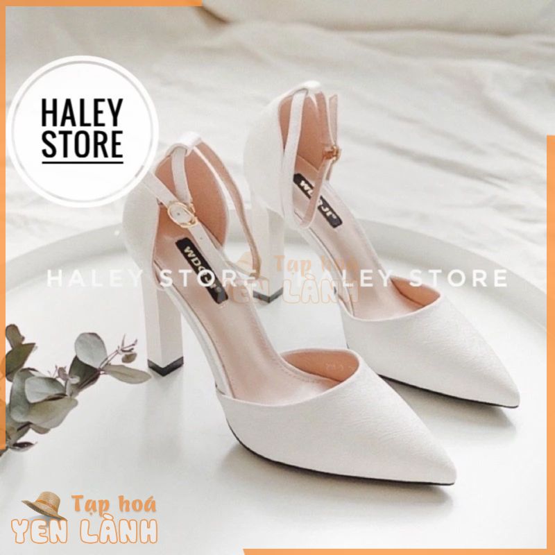 Giày nữ HALEY STORE bít mũi gót vuông 9cm sang chảnh tiểu thư rẻ bền đẹp cô dâu tiệc cưới êm chân dễ đi min trơn trắng