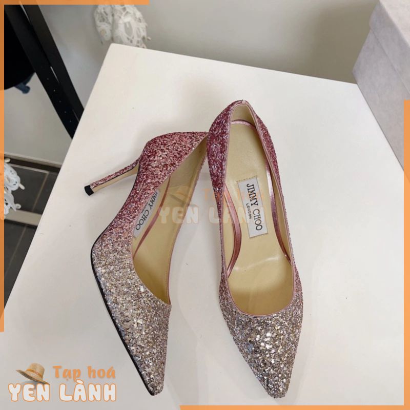 [8.5cm] Giày cưới phong cách cổ điển Jimmy Choo Romy Series lấp lánh Sequins Red Gradient Upper Stiletto Giày nữ thời trang