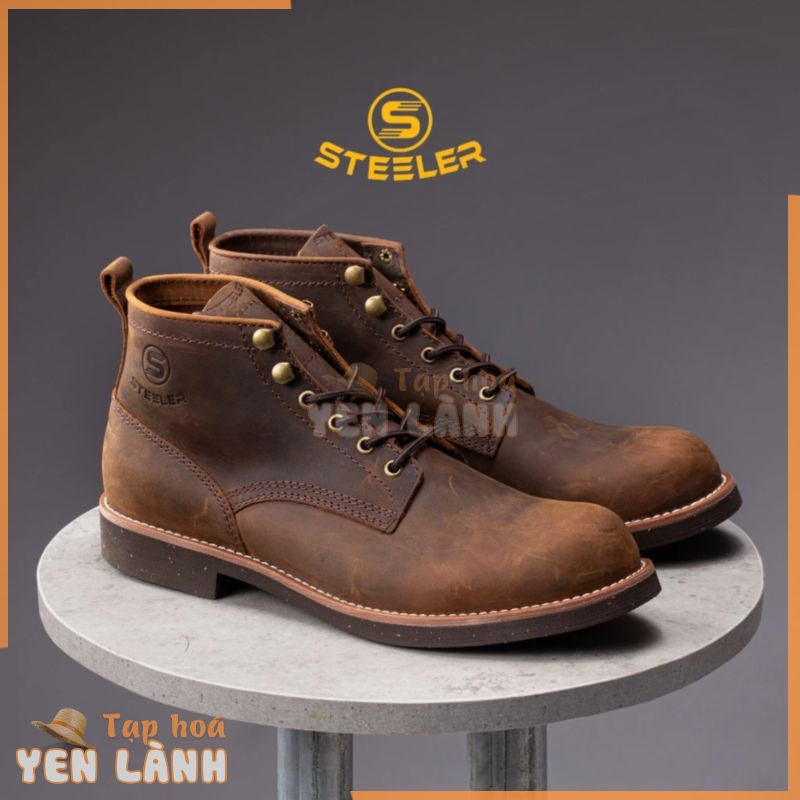 Giày Boots Cổ Lửng Nam Combat Da Bò Nâu Sáp Đế Khâu Mckay – Work Boots Thương Hiệu Steeler