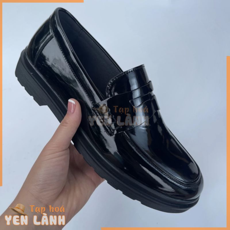 Giày Penny Loafer Đen bóng da bò thật nguyên tấm cao cấp