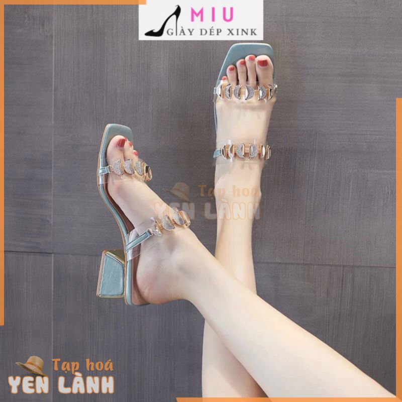 Guốc cao gót đính đá mặt trăng giày nữ đế vuông quai chéo đính đá sang chảnh  sandal quai mảnh, 2 cầu mặt trăng