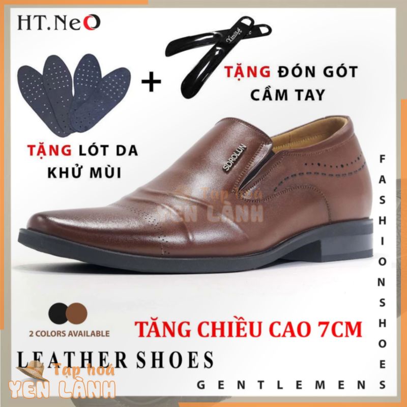 Giày tây lười tăng chiều cao 7cm HT.NeO, Giày nam da bò độn đế mũi nhọn da dập gân nổi khỏe khoắn lịch lãm 6786