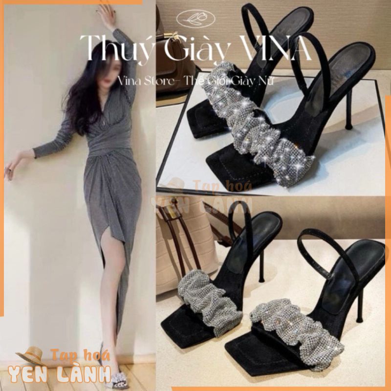 Giày sandal cao gót nữ đính đá 7-9 phân đế nhọn mũi vuông đi tiệc hot 2024 THUÝ GIÀY VINA  mã B42