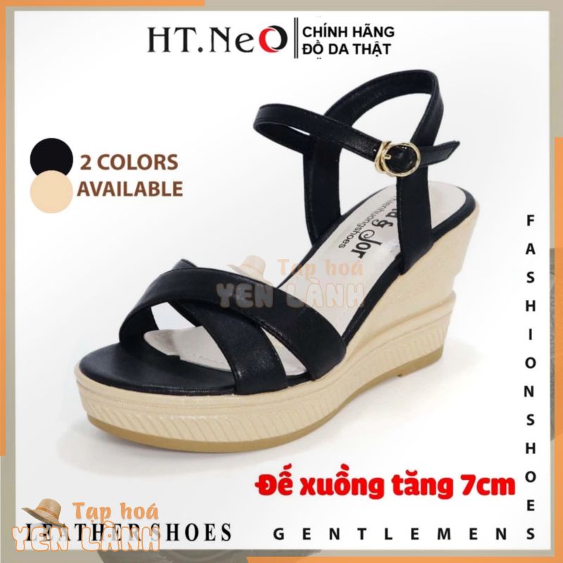 Sandal nữ da bò HT.NeO, Giày nữ đế xuồng 7cm tôn dáng chắc chân 2 quai đan chéo mặc áo dài  phong cách thanh lịch Sd9452