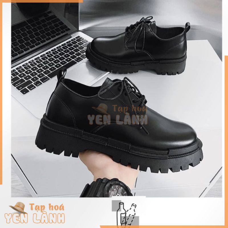 ✔️Giày bốt da nam dr marten cổ thấp mũi tròn phong cách Hàn Quốc thời trang nâng chiều cao, giầy tây Đen Full Box 7601