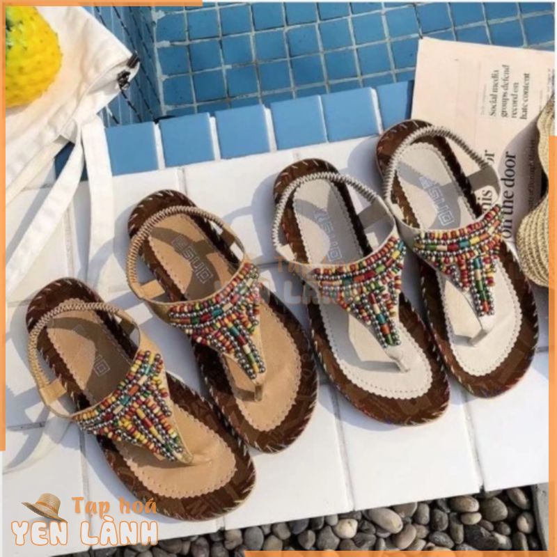 Dép đi biển Sandals nữ giày xăng đan đính hạt họa tiết thổ cẩm đế cao su thời trang