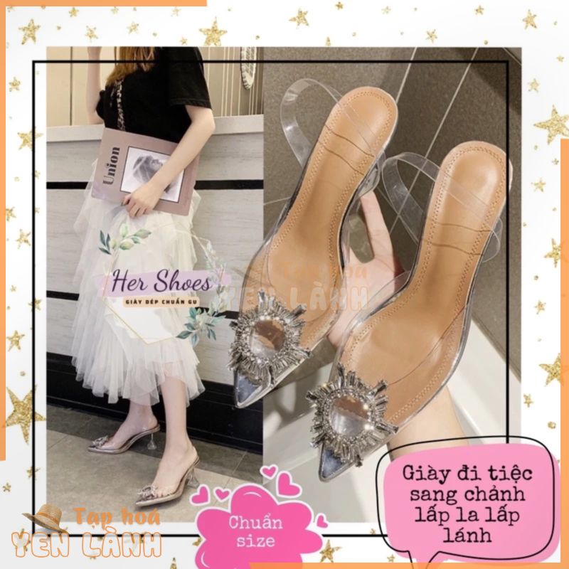 Giày đính đá (có sẵn) 7 phân mũi nhọn quai trong suốt đủ sz 33-42 – Giày cao gót Guốc trong suốt nữ đi đám cưới lấp lánh