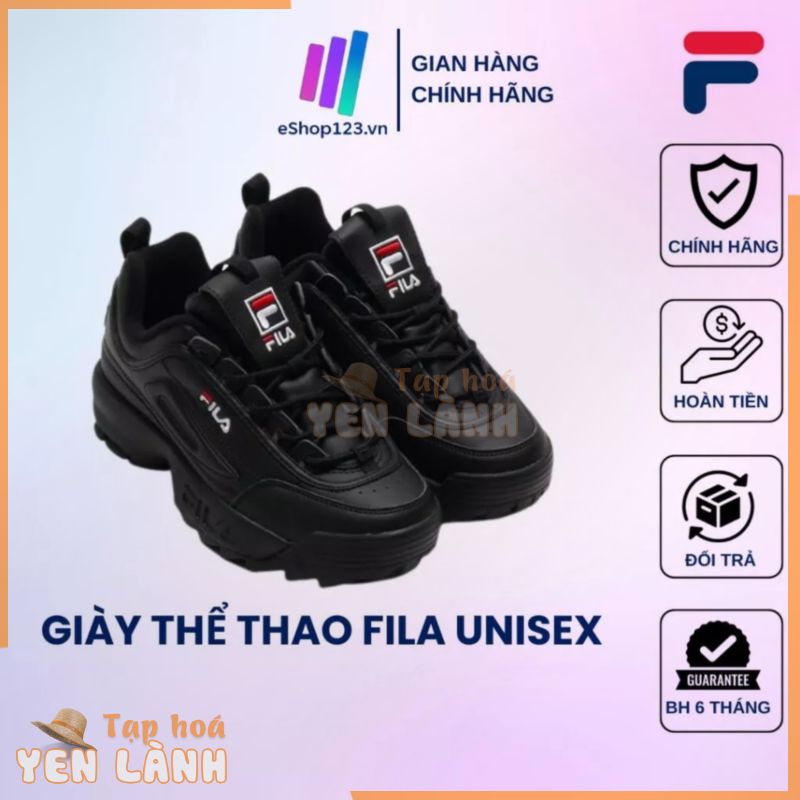 Giày thời trang FILA Disruptor 2 Sneakers Unisex. full Đen và đen đế trắng, giày nhẹ, đế cao, chính hãng