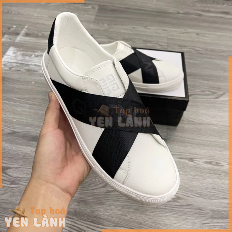 Giày thể thao sneaker nam nữ Gvc da Pu trắng phối quai chéo dù dập chữ logo lưỡi gà đế cao su non