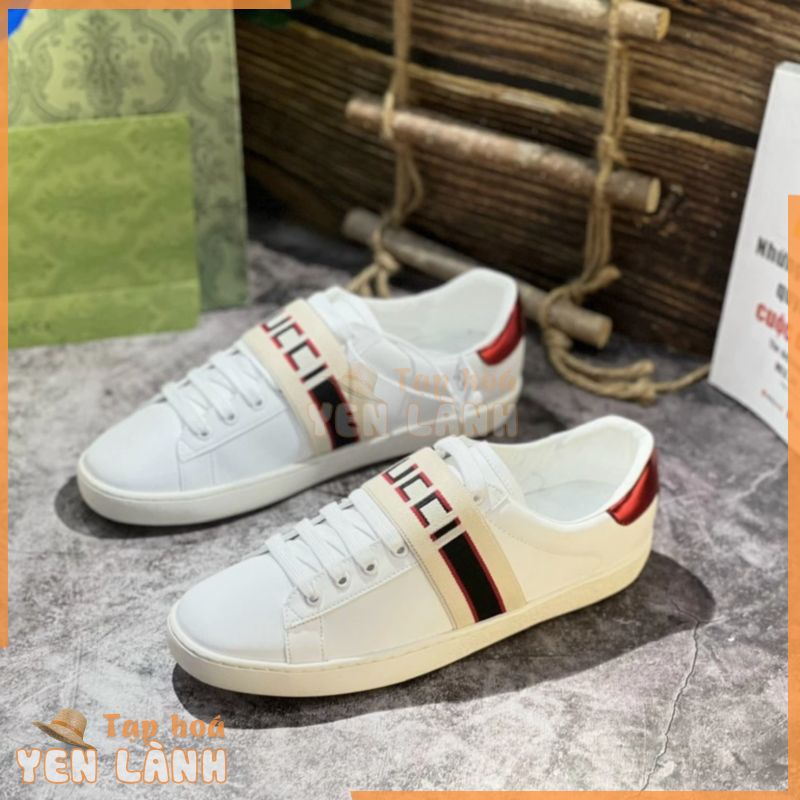 Giày Thể Thao Gucci Stripe Leather Sneaker ‘White Red Black’. Giày Gucci Đai Chun Nhập Trung