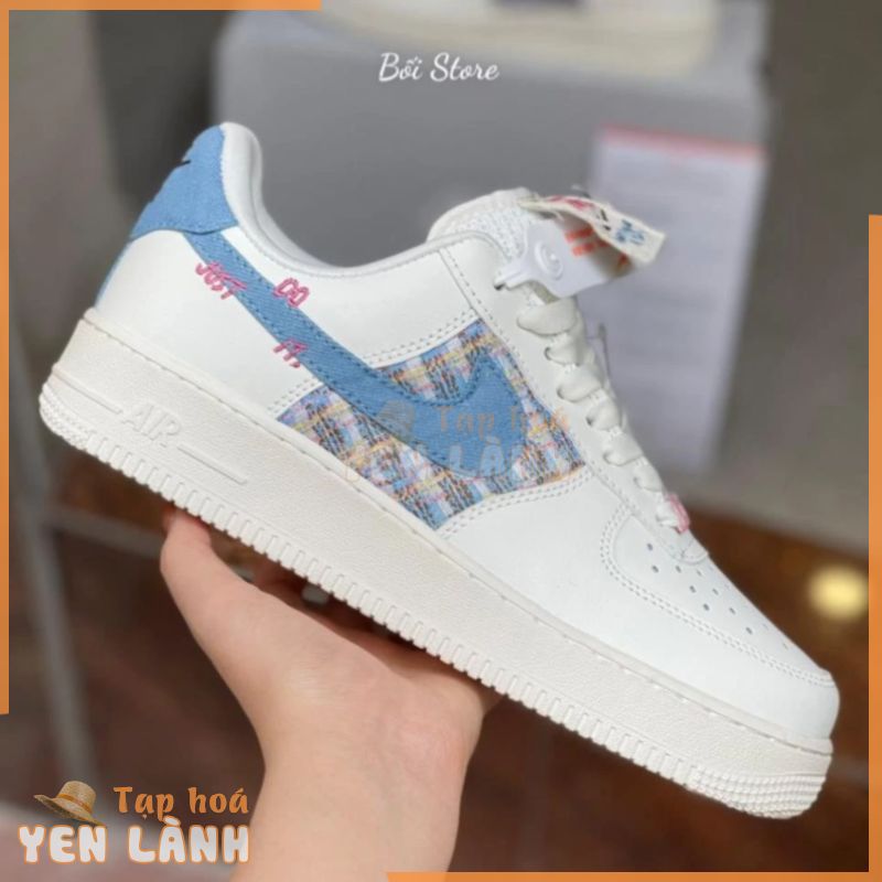 Giày Thể Thao Air Force 1 Low Just Do It Trắng Xanh Cao Cấp, Giày Sneaker AF1 Thổ Cẩm Cổ Thấp Mới Nhất 2023 Nam Nữ