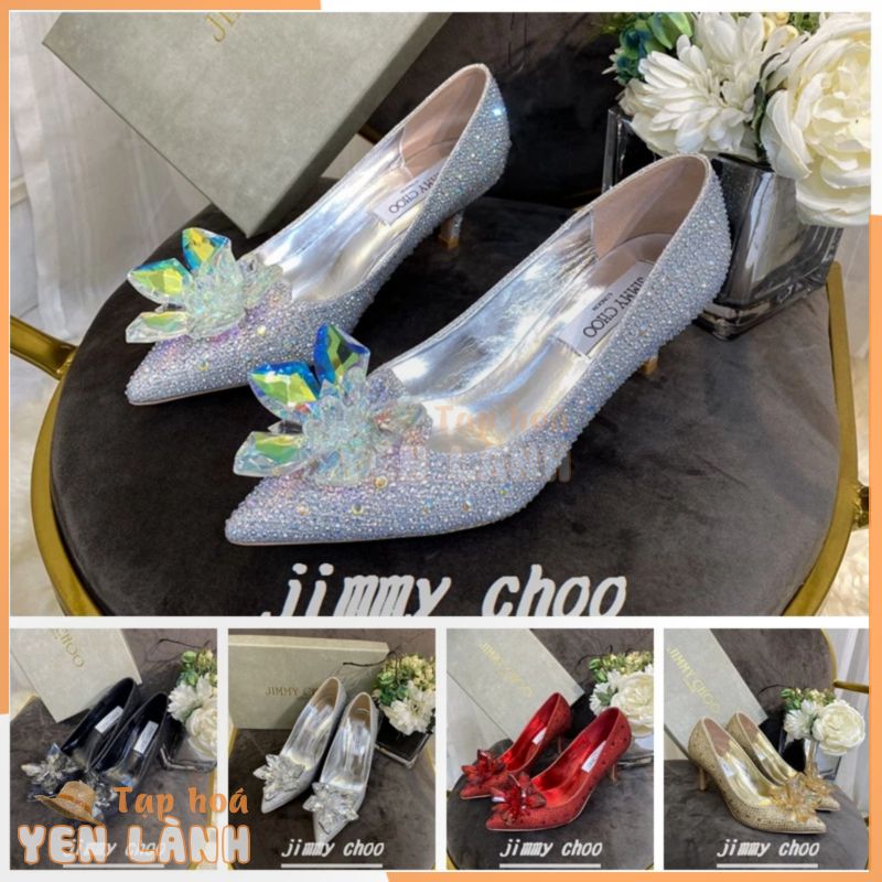 (Hộp) Giày Cao Gót Nữ Jimmy Choo 9cm / 7cm / 5cm Mũi Nhọn Gợi Cảm Lọ Lem Series Dép Pha Lê Thời Trang Nữ 34-40